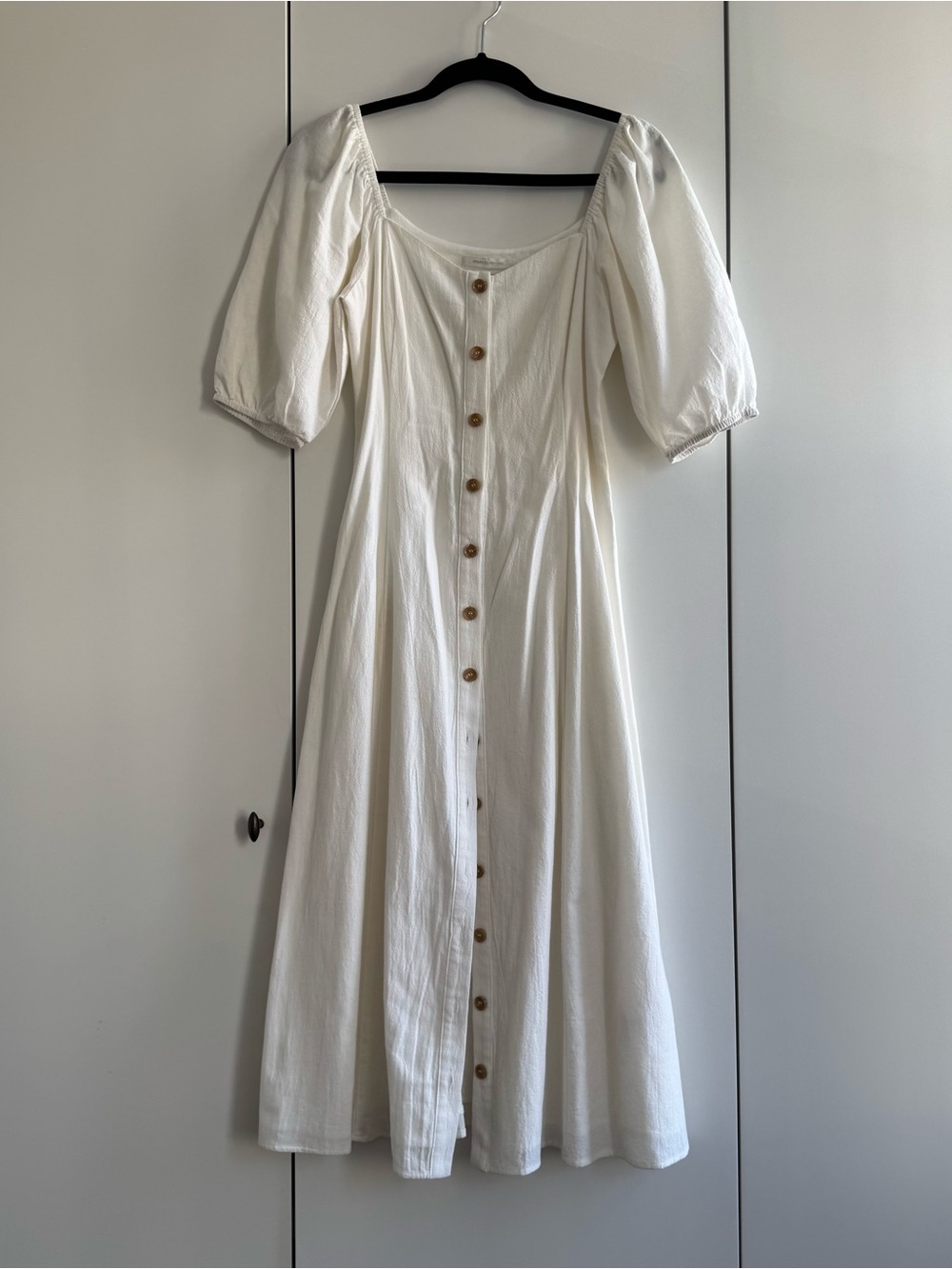 Urban Outfitters Cream Button-Front Puff Sleeve Midi Dress